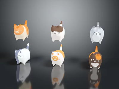 Colorful Cute Cartoon Cat Figures Standing On Grey Background With Reflection 3d model