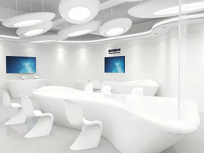 Modern White Office Interior With Round Ceiling Lights And Digital Screens 3d model