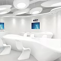 Modern White Office Interior With Round Ceiling Lights And Digital Screens 3d model