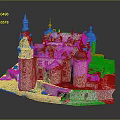 Historic Castle Architecture With Spired Towers Blue Roofs Stone Walls And Green Courtyard