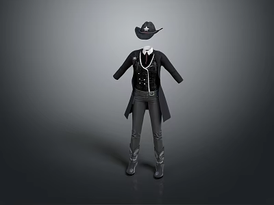 Western Style Men's Outfit With Black Hat Long Coat Vest And Boots 3d model