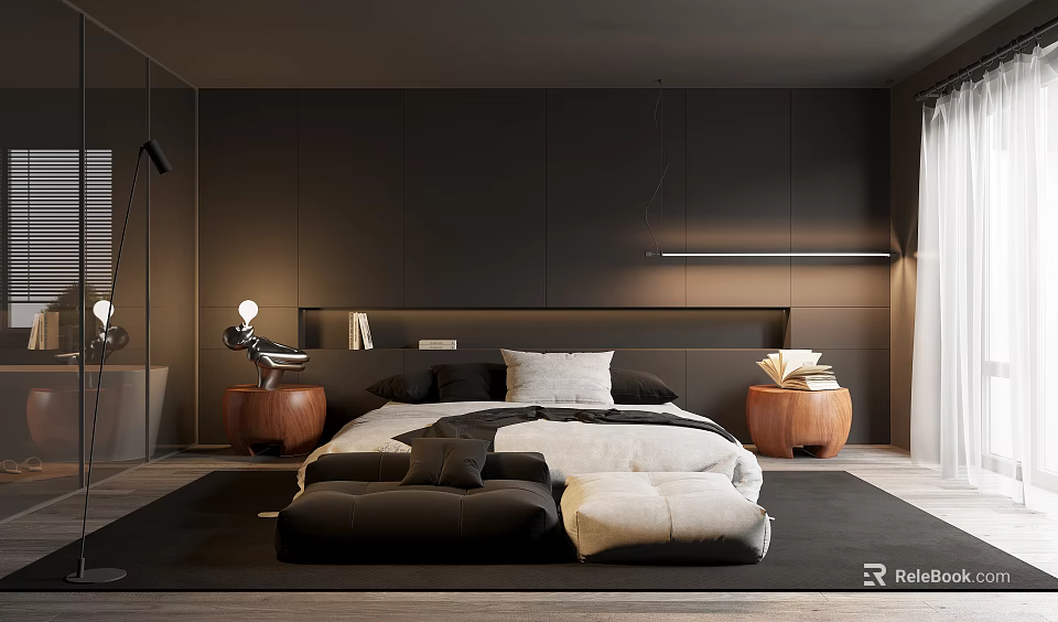 Modern Dark Bedroom Interior With Wooden Nightstands Table Lamps Bedding Pillows And Area Rug 3d model 
