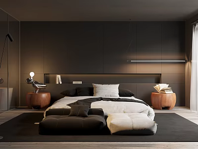 Modern Dark Bedroom Interior With Wooden Nightstands Table Lamps Bedding Pillows And Area Rug 3d model