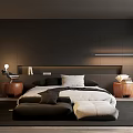 Modern Dark Bedroom Interior With Wooden Nightstands Table Lamps Bedding Pillows And Area Rug