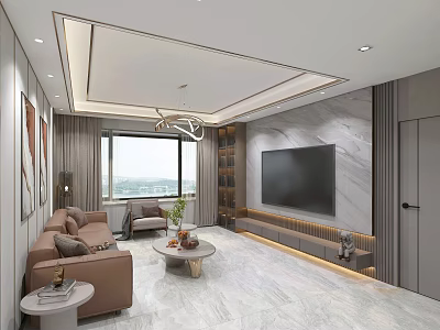 Modern Light Luxury Living Room Interior With Marble Decor Comfortable Sofas And Large Bright Window 3d model