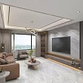 Modern Light Luxury Living Room Interior With Marble Decor Comfortable Sofas And Large Bright Window