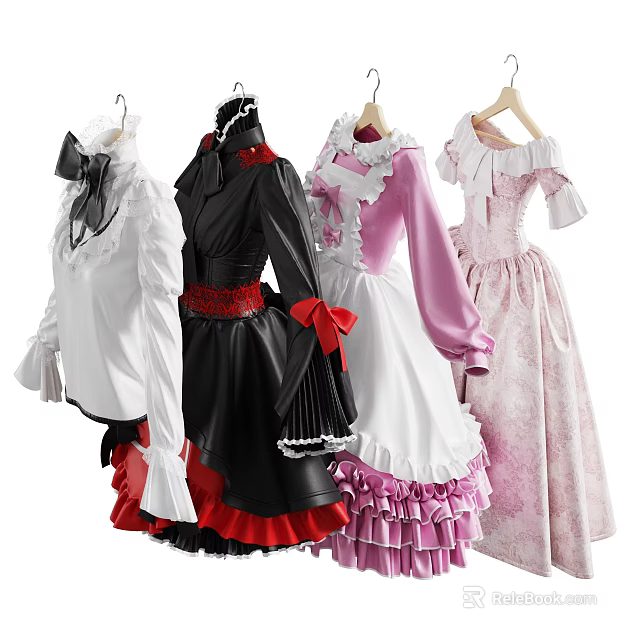 Lolita Style White Black Pink Dresses with Lace Bows Ruffled Hems and Elegant Design 3d model 