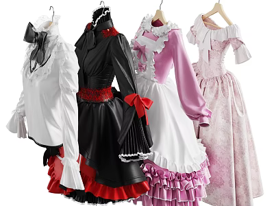 Lolita Style White Black Pink Dresses with Lace Bows Ruffled Hems and Elegant Design 3d model