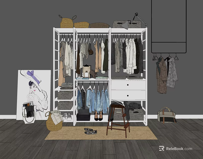 Organized Wardrobe Interior With Hanging Clothes Drawers Storage Baskets And Shoes 3d model