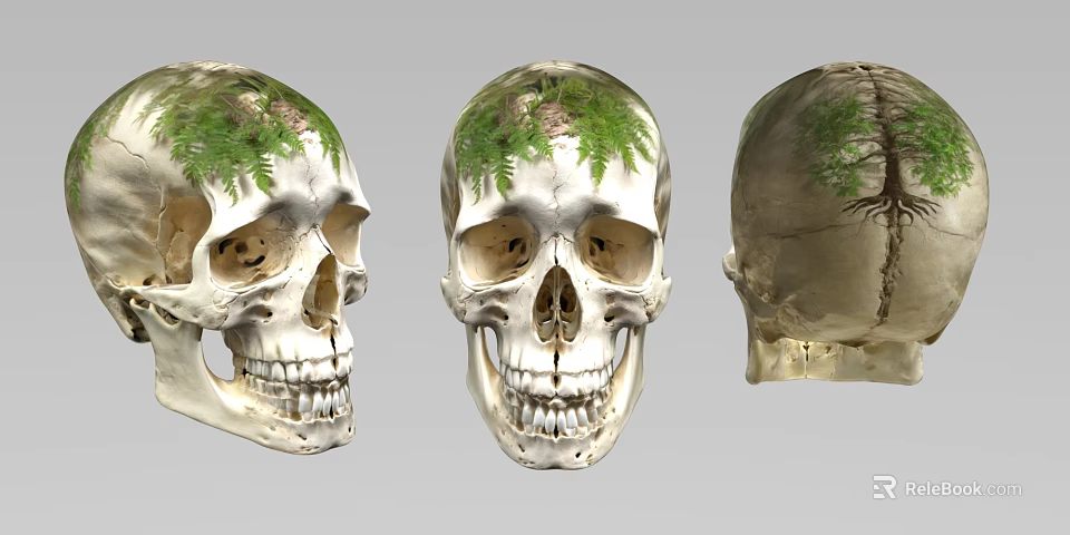 Human Skull with Green Ferns and Tree Growth Viewed from Front Side and Back Angles 3d model 