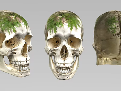 Human Skull with Green Ferns and Tree Growth Viewed from Front Side and Back Angles 3d model
