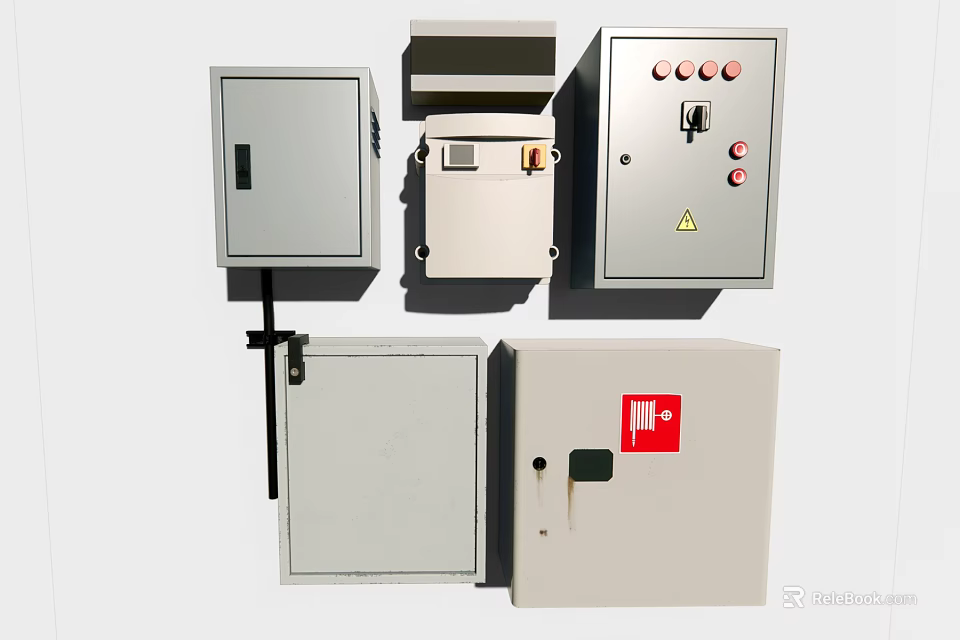 Metal Electrical Control Boxes With Buttons Indicator Lights And Warning Signs 3d model 