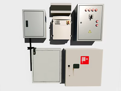 Metal Electrical Control Boxes With Buttons Indicator Lights And Warning Signs 3d model