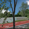 White Feature Wall Along Red Bicycle Lane With Circular Pattern Grid Texture And Green Trees 3d model
