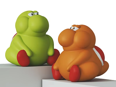 Green and Orange Plush Toys with Big Eyes and Red Feet Sitting on White Platforms 3d model