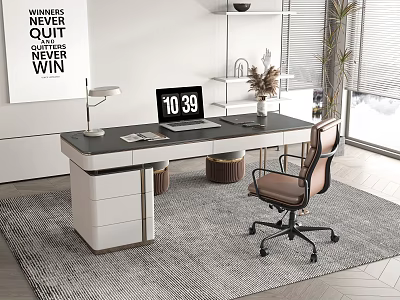 Contemporary Office Desk With Desk Lamp Laptop Documents Ergonomic Chair Gray Rug And Inspirational Poster 3d model