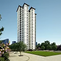 High Rise Residential Building With Green Surroundings Road Access Parking Spaces and Urban Landscape View