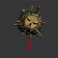 Ornate Metal Staff Sculpture Carving with Intricate Gold Green Decorations and Red Tassel