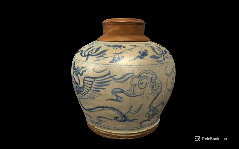 Traditional Ceramic Jar With Blue And White Dragon Patterns Brown Base Classic Oriental Design 3d model 