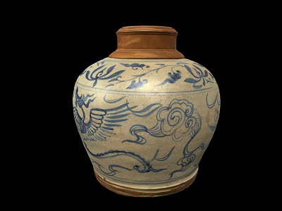 Traditional Ceramic Jar With Blue And White Dragon Patterns Brown Base Classic Oriental Design 3d model