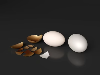 Fresh Whole Eggs With Broken Eggshells On Dark Reflective Surface 3d model