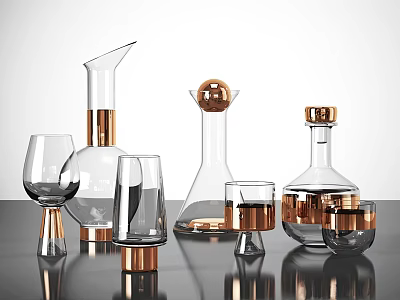 Modern Ceramic Vessels With Gold Accents And Glass Elements On Tabletop 3d model