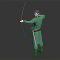 3D Archer Character In Green Robe Holding Longbow With Sword And Pulling Bowstring