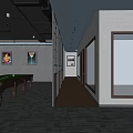 Wooden Desks In Billiard Room With Dark Carpet And Ceiling Lights
