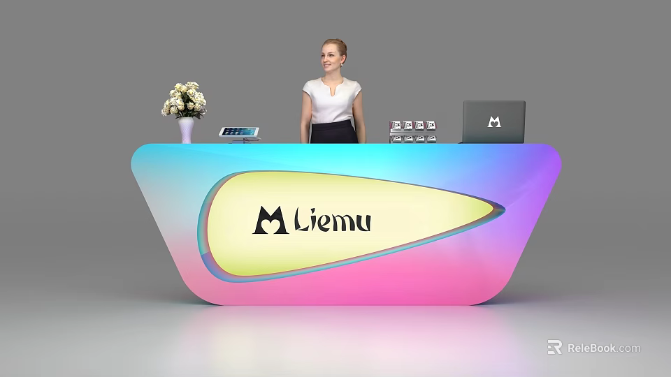 Colorful Gradient Reception Desk With Flower Vase Laptop Display Screen And Liemu Logo 3d model 