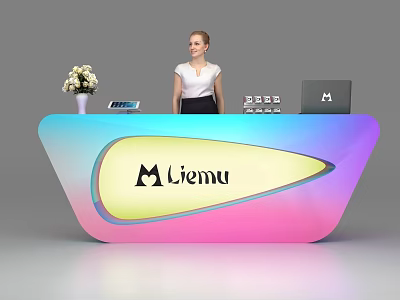 Colorful Gradient Reception Desk With Flower Vase Laptop Display Screen And Liemu Logo 3d model