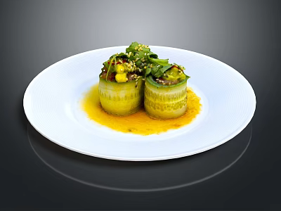 Fresh Green Vegetable Rolls Garnished With Herbs And Yellow Sauce On White Plate 3d model