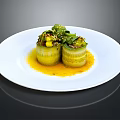 Fresh Green Vegetable Rolls Garnished With Herbs And Yellow Sauce On White Plate