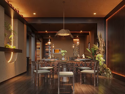 Elegant Asian Restaurant Interior With Wooden Dining Table Chairs Hanging Pendant Light And Green Plants 3d model
