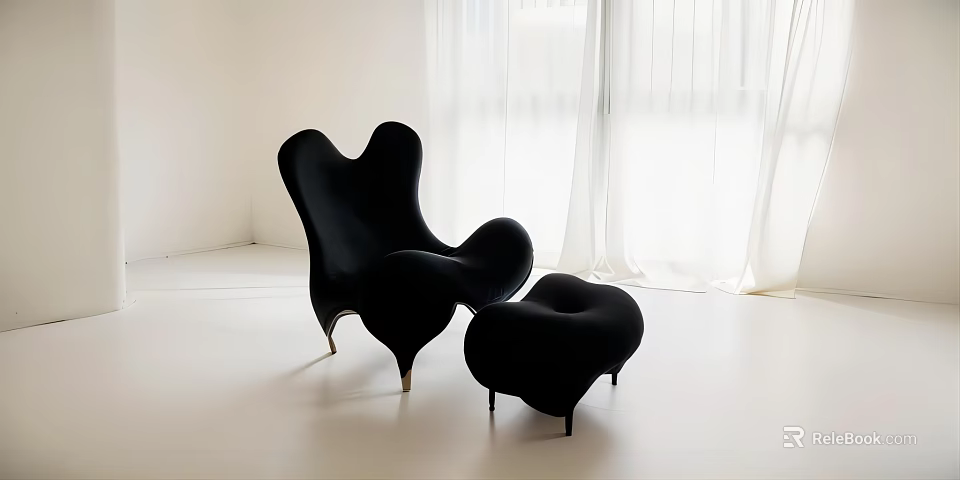 Unique Black Bean Bag Chair With Matching Ottoman In Bright Modern Room 3d model 