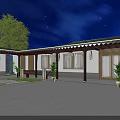 Traditional Chinese Courtyard Garden with Archway Entrance and Night Lighting Design