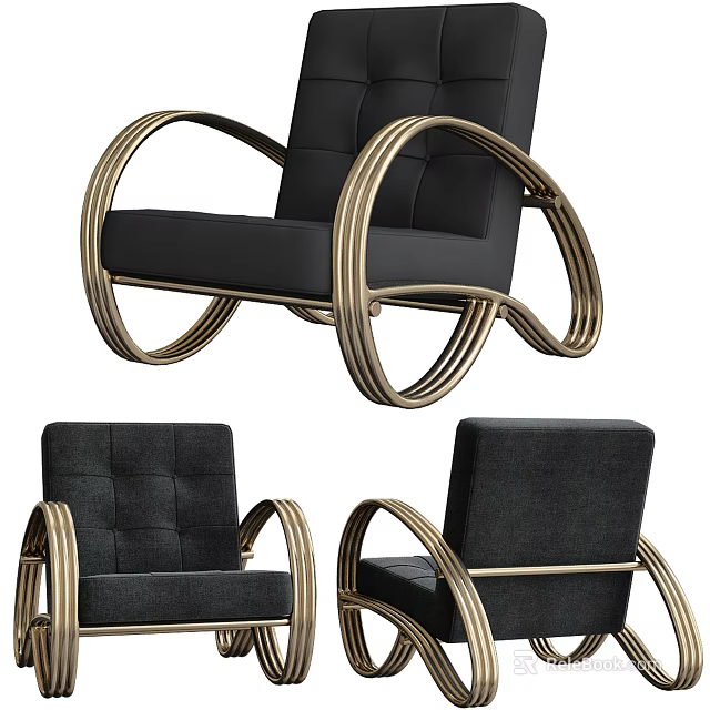 Elegant Modern Armchair With Black Fabric And Gold Metal Curved Frame Design 3d model 