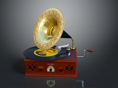 Vintage Phonograph Daily Living Product with Golden Horn Black Turntable Red Base and Crank Handle 3d model
