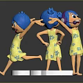 Blue Haired Cartoon Characters In Yellow Floral Dresses Dancing With Purple Headphones On White Structure