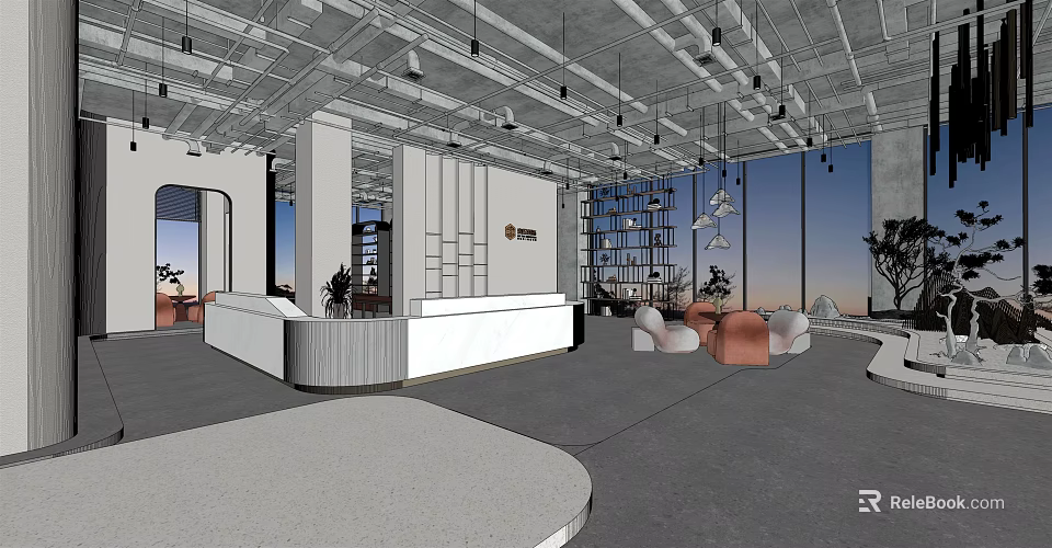 Spacious Modern Reception Area With Stylish Desk Large Windows Comfortable Sofas And Indoor Plants 3d model 