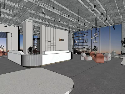 Spacious Modern Reception Area With Stylish Desk Large Windows Comfortable Sofas And Indoor Plants 3d model