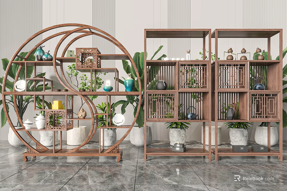 Chinese Wooden Display Shelves With Circular And Rectangular Design Decorated By Green Plants And Vases 3d model 
