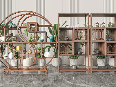Chinese Wooden Display Shelves With Circular And Rectangular Design Decorated By Green Plants And Vases 3d model