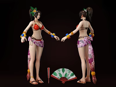 Woman In Floral Bikini With Colorful Bracelets And Decorative Fan 3d model
