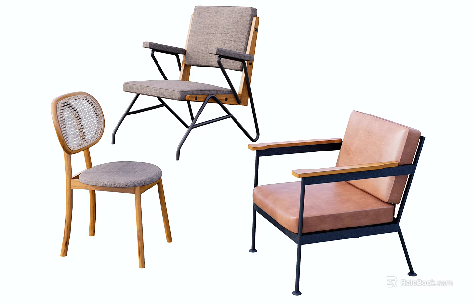 Modern Leisure Chairs with Wooden Metal Frames Woven Backrest and Leather Seat Cushion Design 3d model 