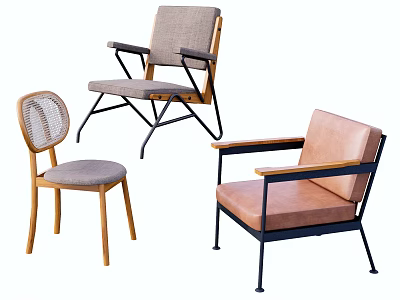 Modern Leisure Chairs with Wooden Metal Frames Woven Backrest and Leather Seat Cushion Design 3d model
