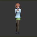 Game and Movie Character with Orange Hair Blue Top Green Skirt and Hands Behind Back