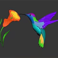Colorful Hummingbird With Purple Wings Feeding On Orange Yellow Flower Dark Background Reflection