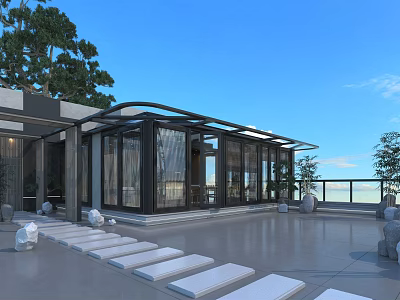 Modern Villa Balcony With Glass Roof Open Air Stone Steps And Trees 3d model