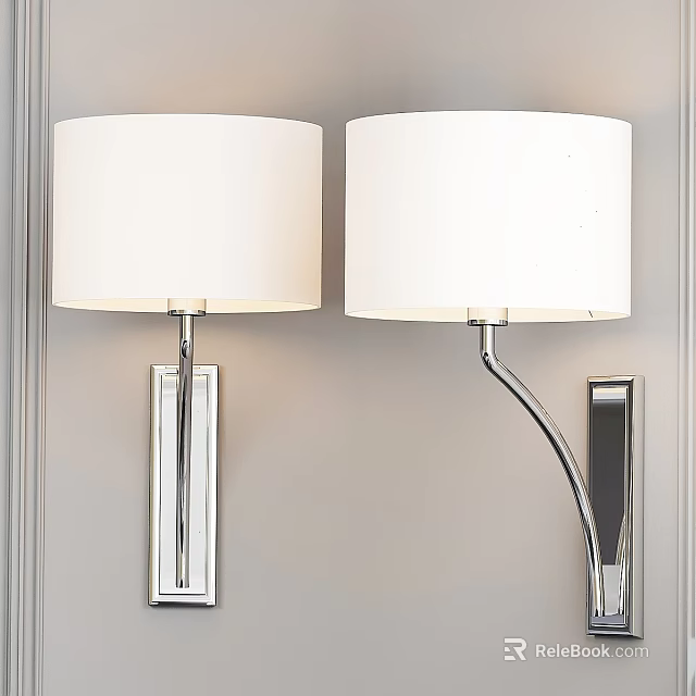 Modern Wall Lamps With White Cylinder Shades And Chrome Metal Mounts On Wall 3d model 