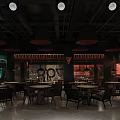 Modern Restaurant Interior With Wooden Ceiling Warm Lighting And Striped Partitions